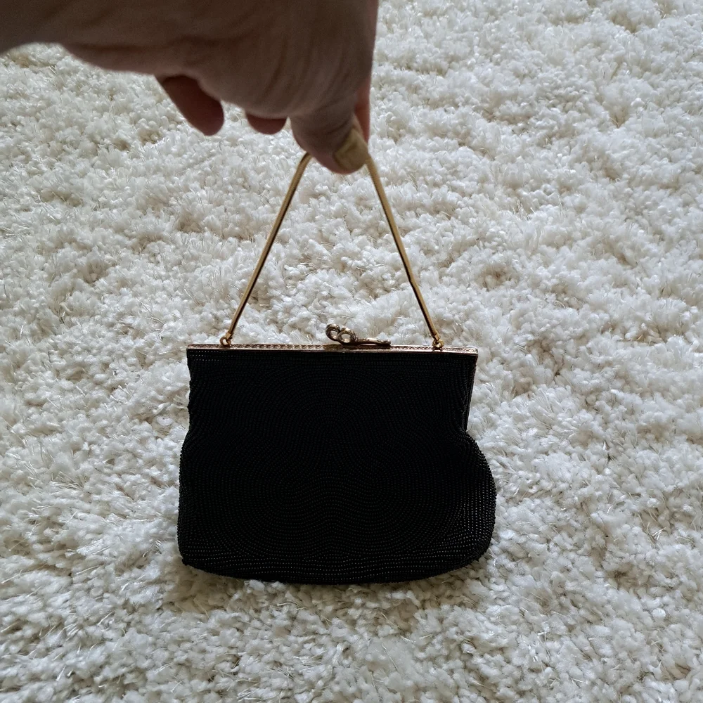 Vintage Black Beaded Clutch Evening Bag‎ Gold Trim Made in Japan